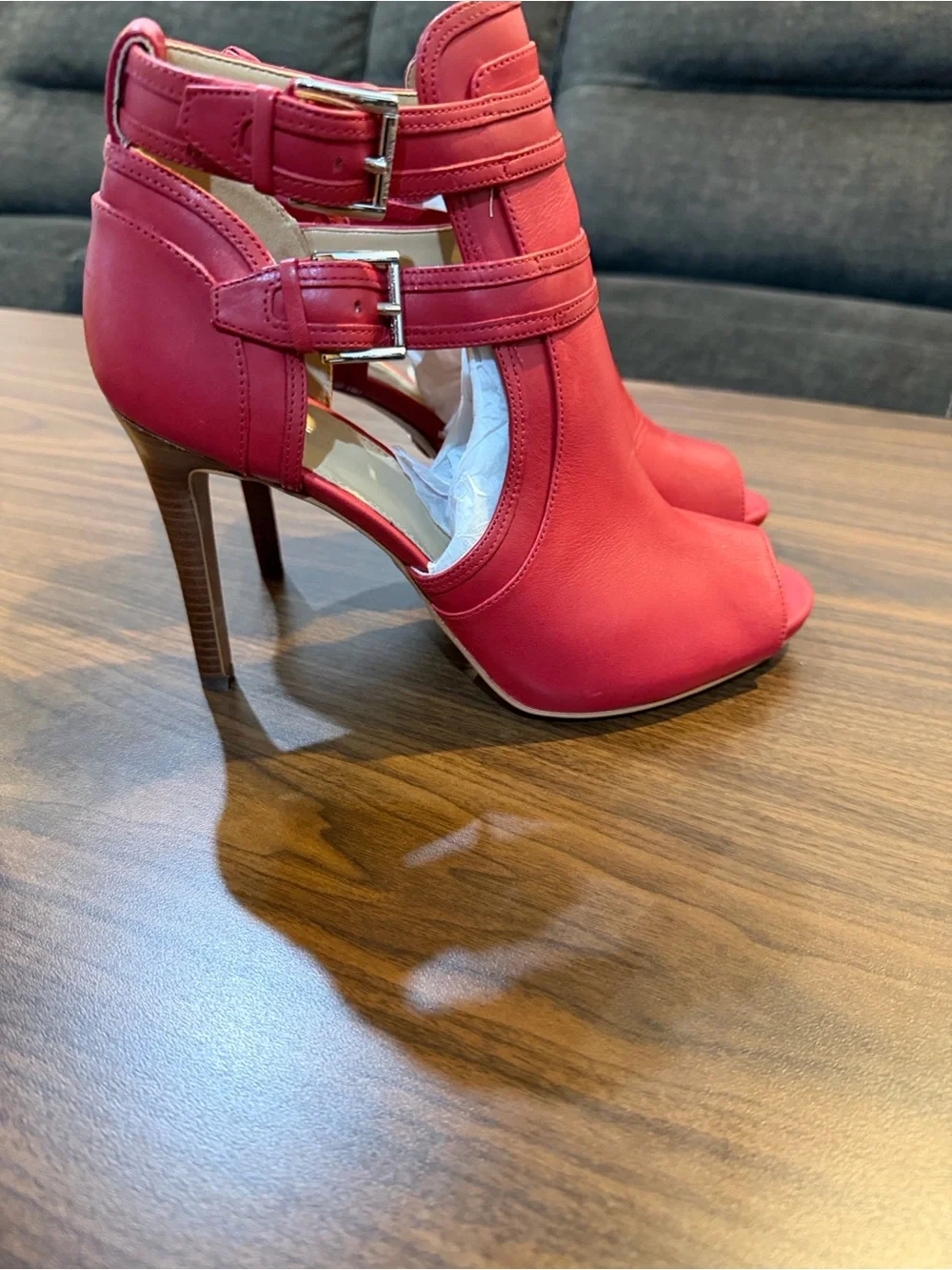 MICHAEL Michael Kors Scarlet Blaze Open Toe Bootie Leather Stripy High Heels
